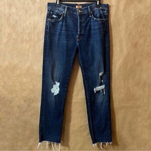 MOTHER High Rise Jeans - Deep Blue with Distressed Details